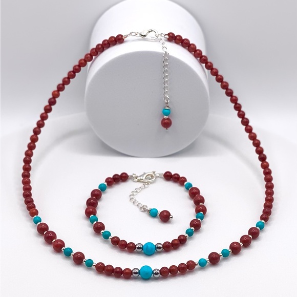 Red Coral & Turquoise Choker Necklace - Picture 9 of 10